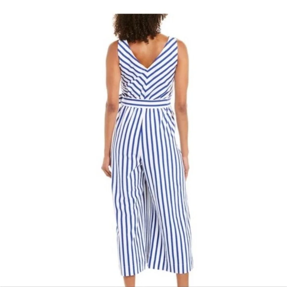 J.CREW Royal Blue/White Striped V-Neck Wide-Leg‎ V-Neck Cropped Jumpsuit SZ 6